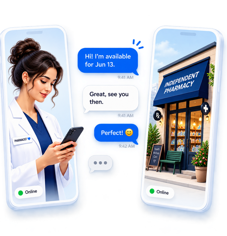 A pharmacist and a pharmacy confirming a shift directly in the Filled app chat