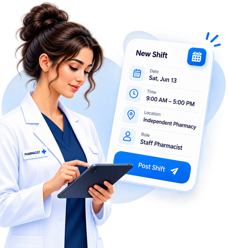 Pharmacy owner posting a new shift on a tablet