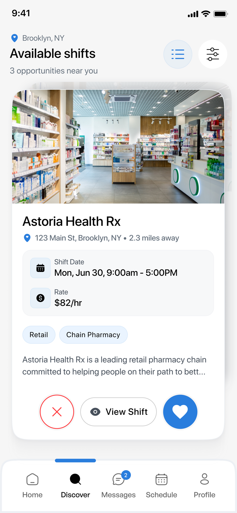 Filled app showing an available pharmacy shift near you