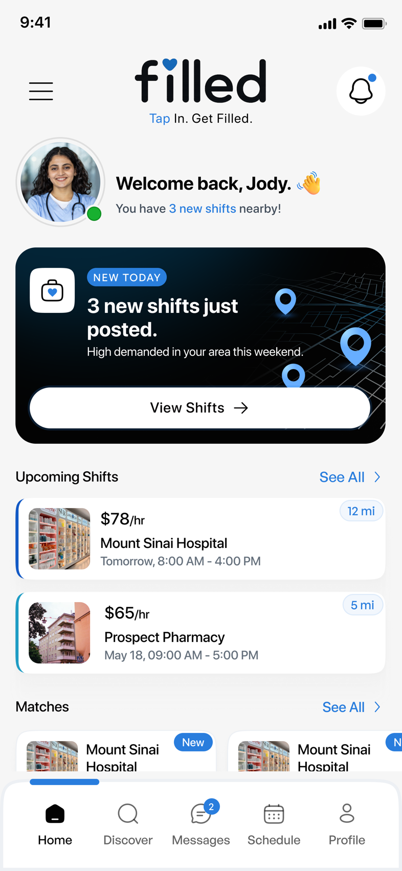 Filled app home screen for pharmacists